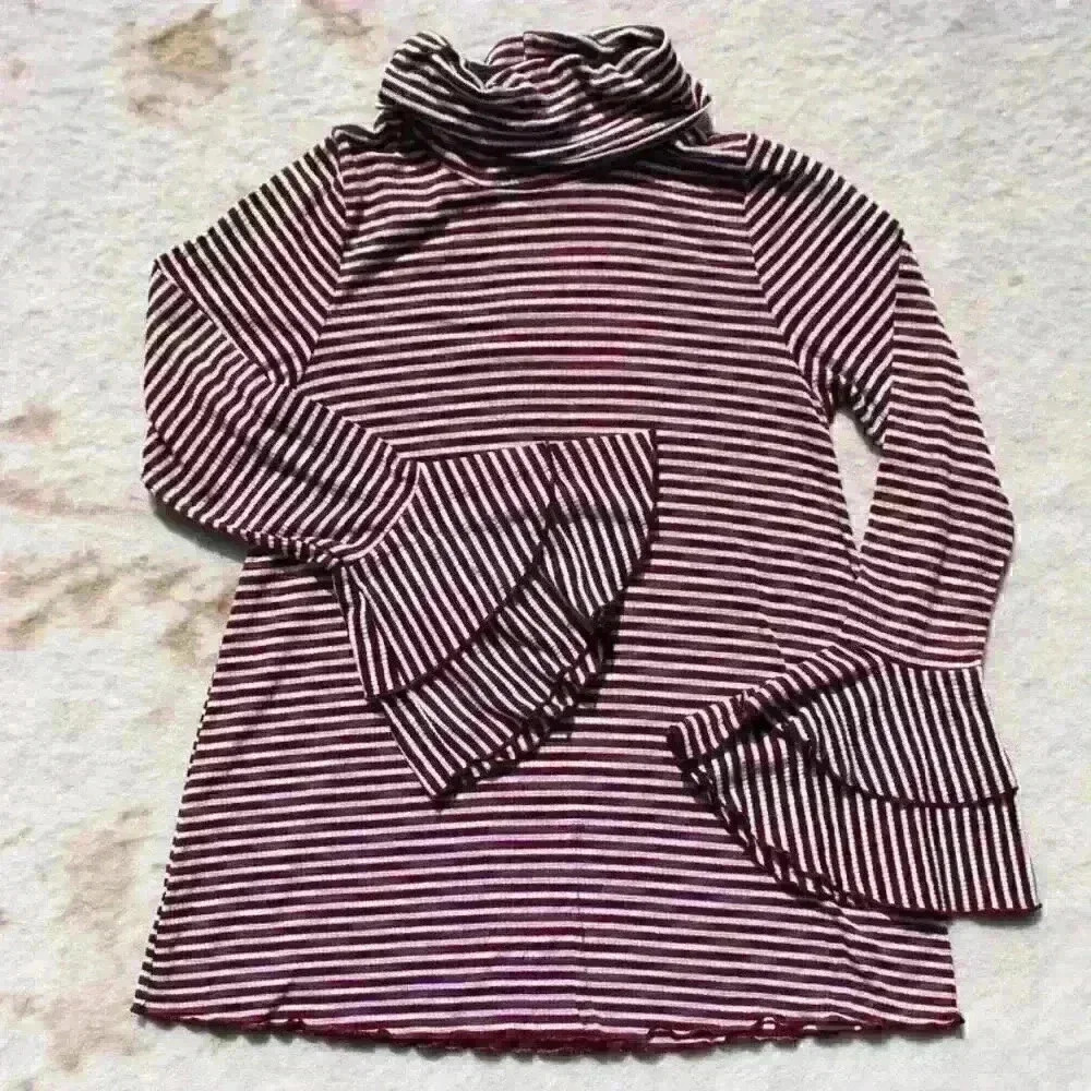 VINE & LOVE Retro Flare Bell Sleeves Turtleneck Ribbed Striped Top Women Large